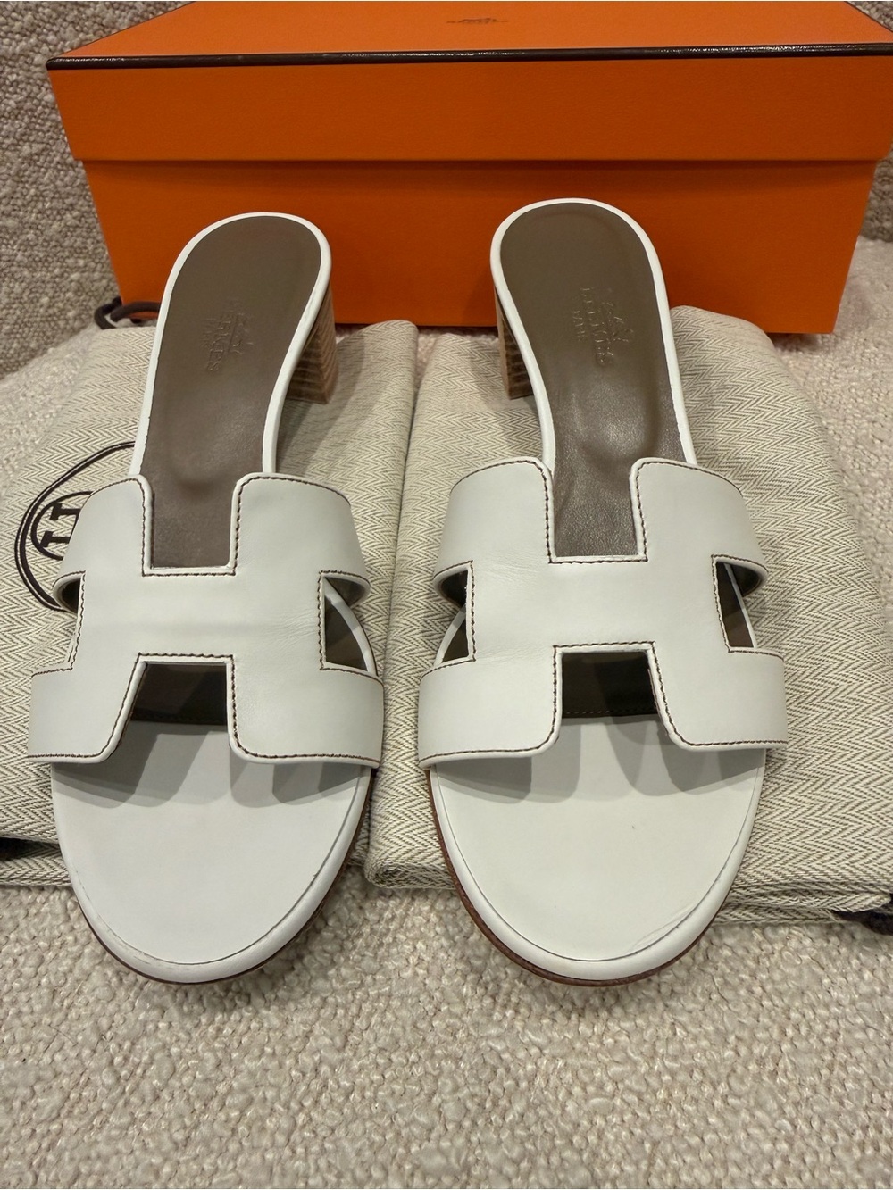 Hermes White Oran Slide Sandals